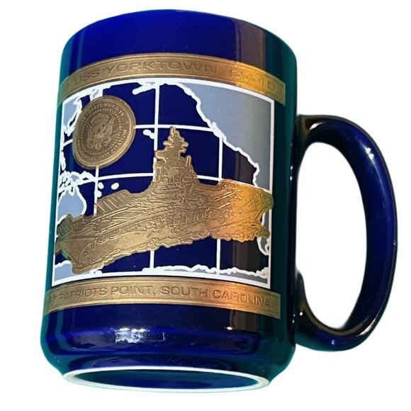 USS YORKTOWN CV-10 Navy Patriots Point, South Carolina Blue and 3-D Gold Coffee - Picture 1 of 6